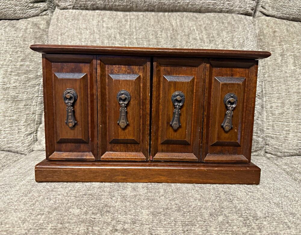 Wood Brown Jewelry Box Organizer Cabinet, Double Doors, 6 Felt-Lined Drawers